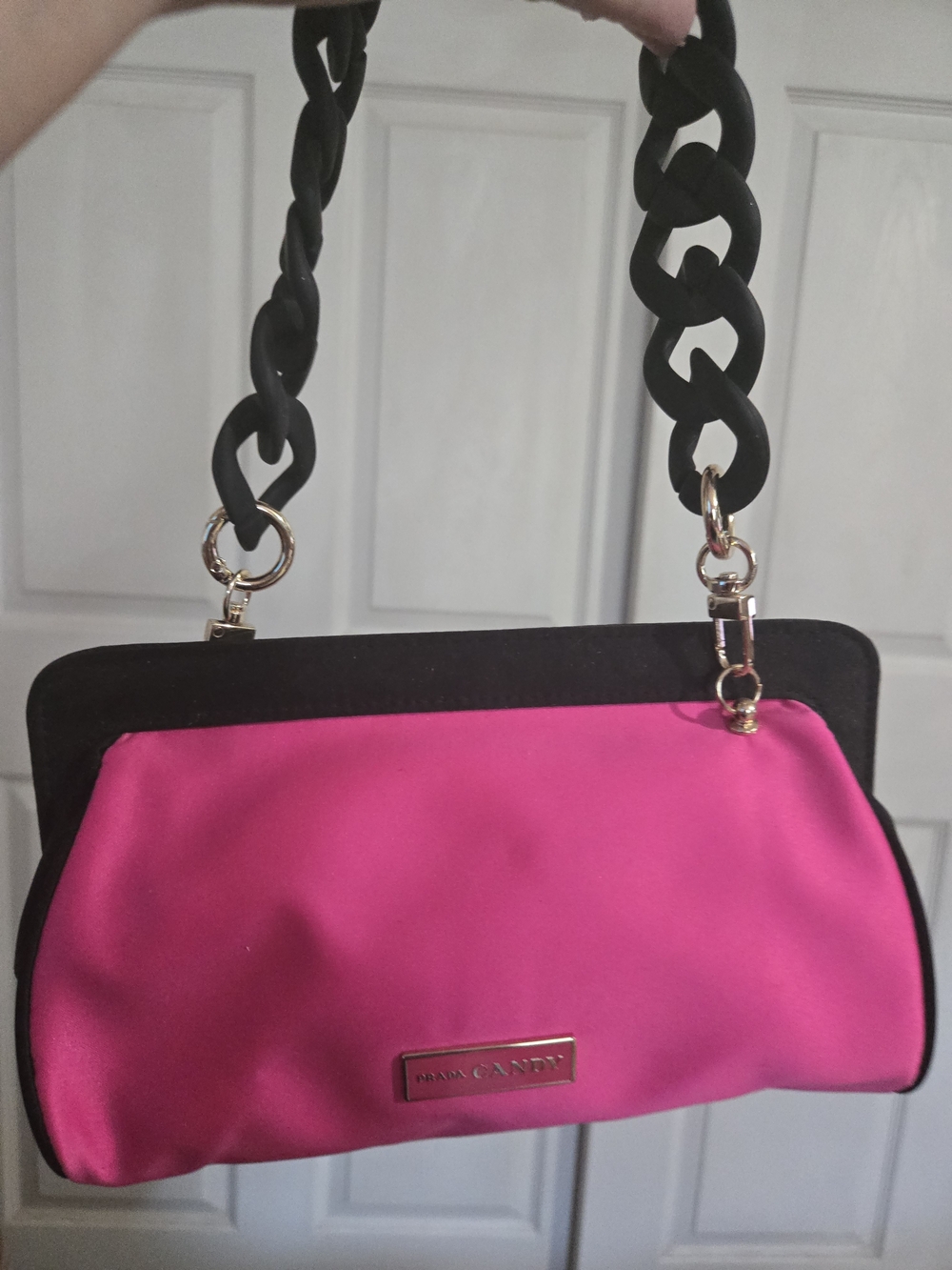Prada Candy Hot Pink Satin Clutch with Black Chain Strap - Picture 4 of 7